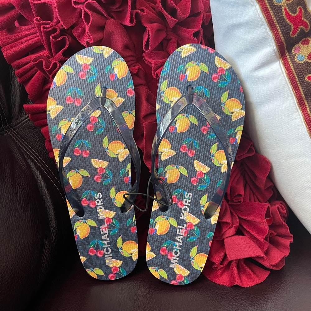 Michael Kors MK Logo Flip Flop Fruit Print Thong Sandal Slide Navy